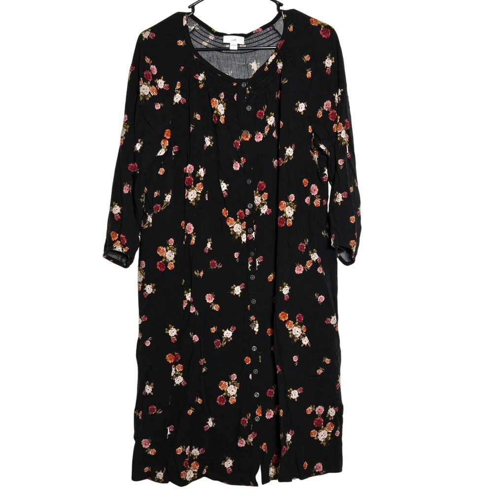 J Jill Black Floral Button Front Midi Dress Large Cottage Boho Romantic Dark